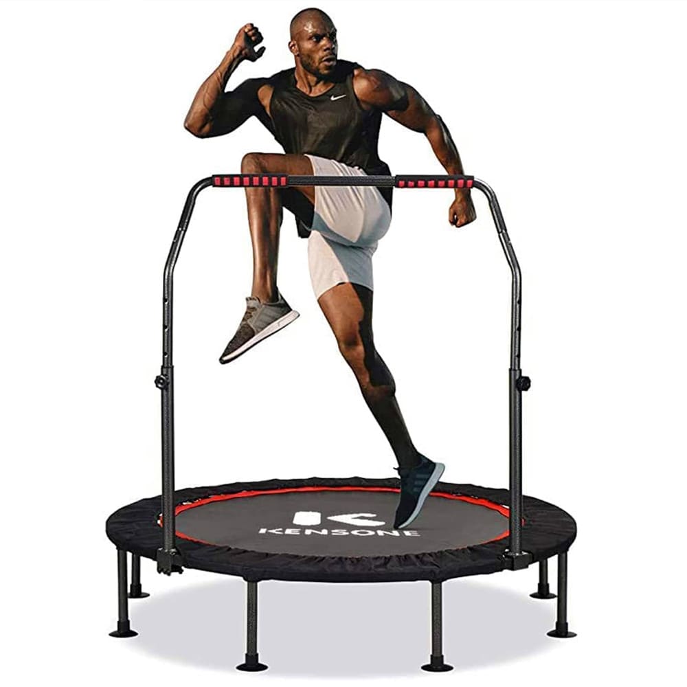 A person exercising on a black and red mini trampoline with adjustable armrests.