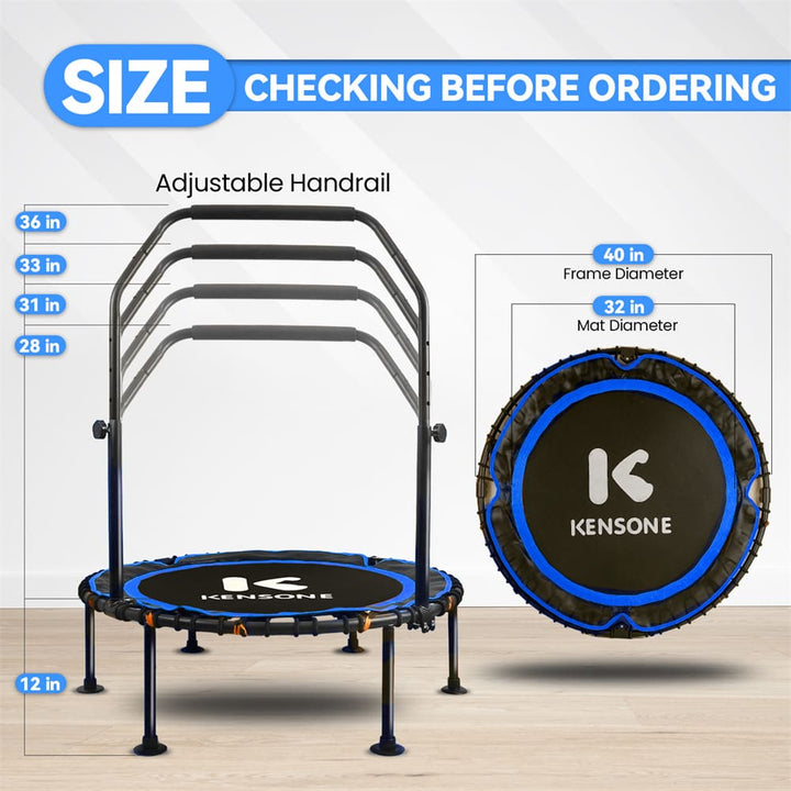 Blue Kensone 40-inch rebounder trampoline with 32-inch mat, 12-inch height, and adjustable handrail from 28 to 36 inches.