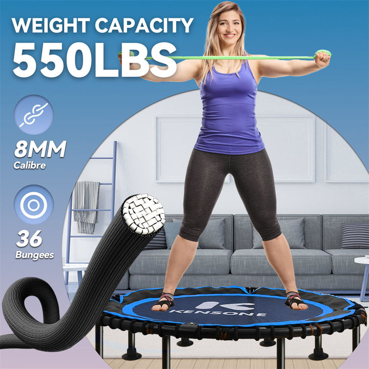 Kensone rebounder trampoline with 550 lbs weight capacity, 36 bungees, 8mm thick cords, indoor fitness use.