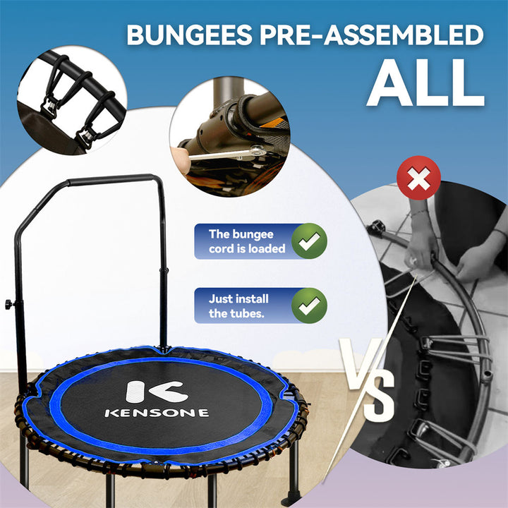 Kensone rebounder trampoline with handlebar, pre-assembled bungee cords, quick and easy installation.