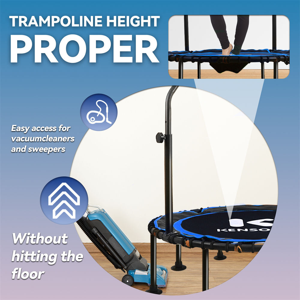 Kensone rebounder trampoline with proper height for easy vacuum cleaning, stable design with handlebar.