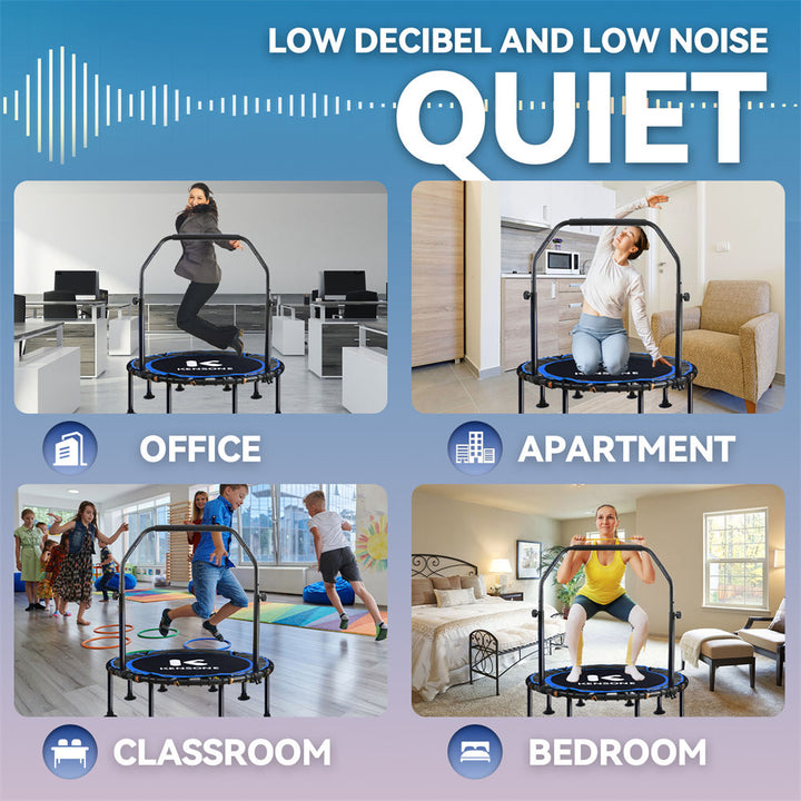 Kensone quiet rebounder trampoline with handlebar, low noise design for office, apartment, classroom, and bedroom use.