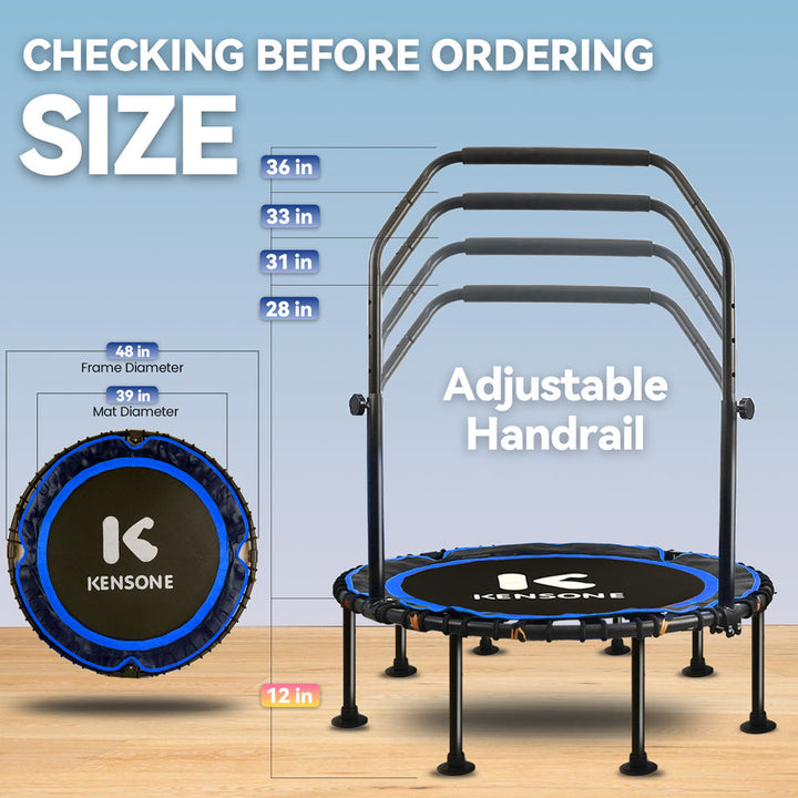Blue Kensone 48-inch rebounder trampoline with 39-inch mat, 12-inch height, and adjustable handrail from 28 to 36 inches.