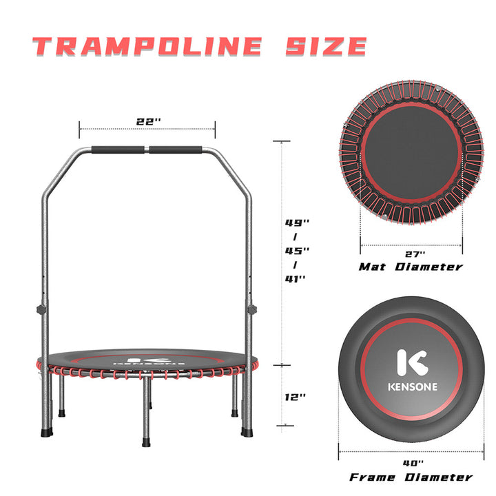 Kensone 40-inch fitness trampoline size chart with 40-inch frame diameter, 27-inch mat diameter, 12-inch height, and adjustable U-bar handrail from 41 to 49 inches.