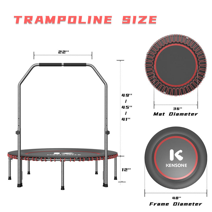 Kensone 48-inch fitness trampoline size chart with 48-inch frame diameter, 36-inch mat diameter, 12-inch height, and adjustable U-bar handrail from 41 to 49 inches.