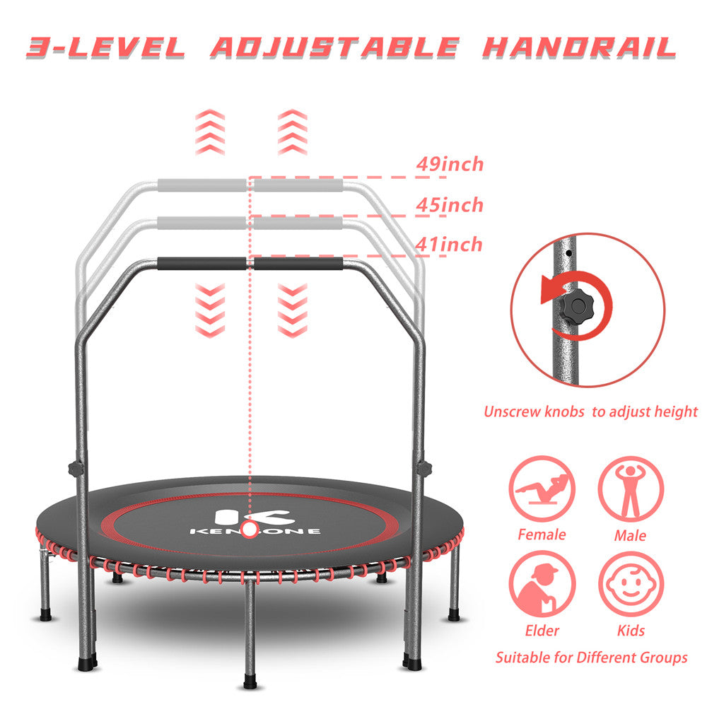 Kensone U-bar rebounder trampoline with 3-level adjustable handrail at 41, 45, and 49 inches, suitable for kids, adults, and seniors.