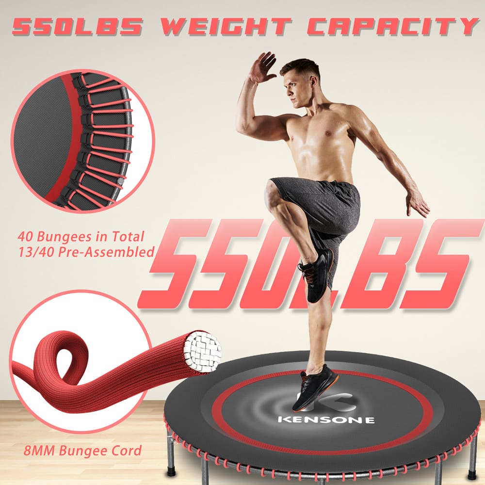 Kensone fitness trampoline with 550 lbs weight capacity, 40 bungees including 20 pre-assembled, and 8mm bungee cords for strong support.