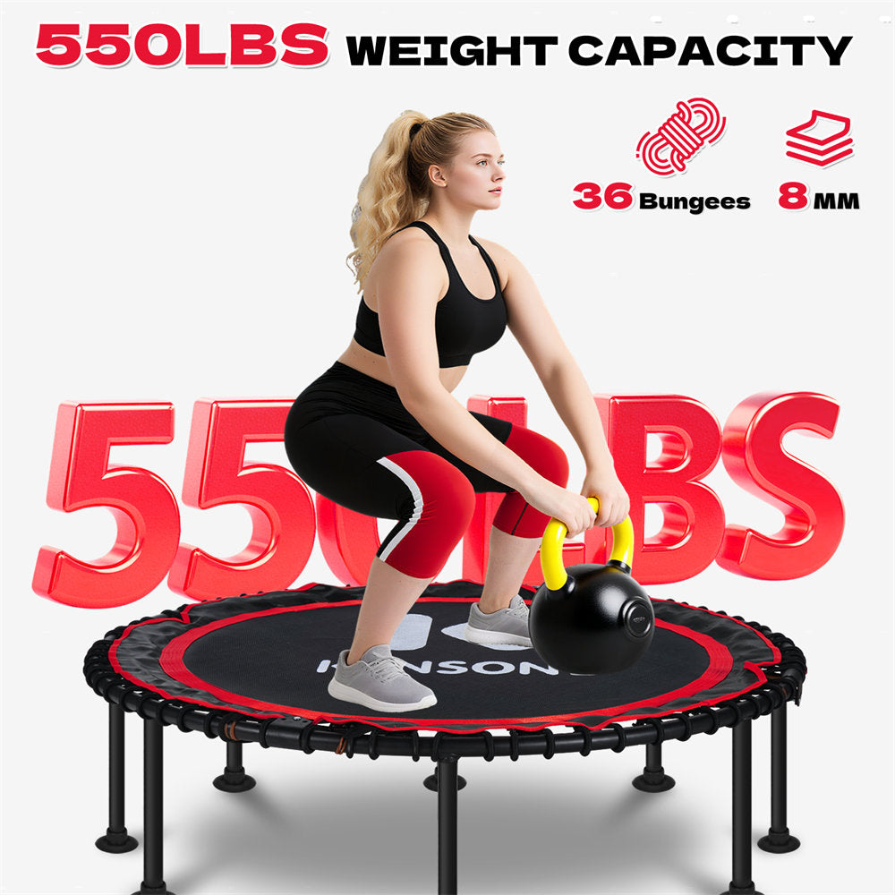 Person using a rebounder with text indicating weight capacity and features on a white background