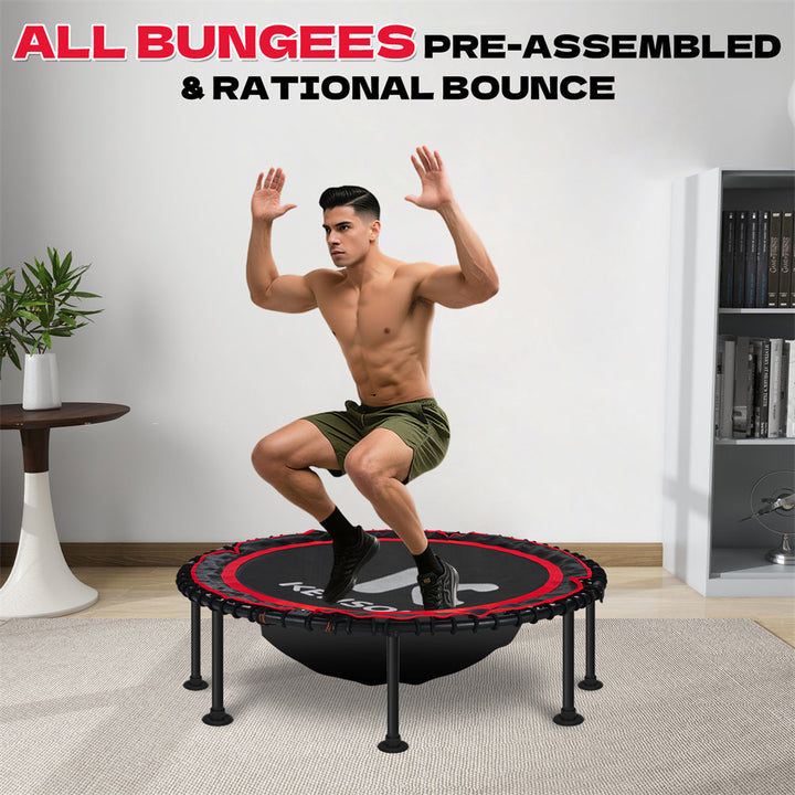Man jumping on a trampoline in a room with text about bungees.
