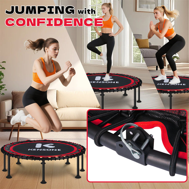 Woman exercising on a Kensone rebounder with text 'Jumping with Confidence' in a home setting.