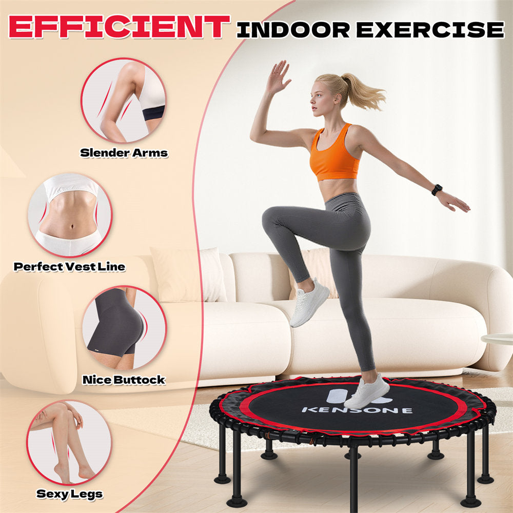 Woman exercising on a trampoline with fitness benefits highlighted