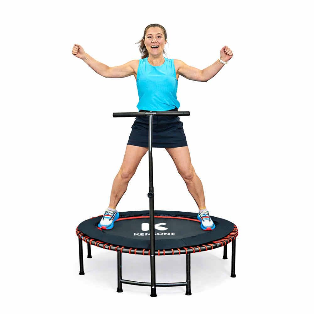 Woman jumping on a rebounder with Kensone branding on a white background