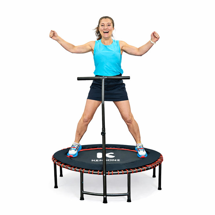 Woman jumping on a rebounder with Kensone branding on a white background