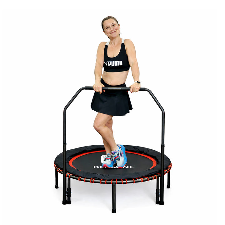 Woman exercising on a rebounder with 'Kensone' branding on a white background