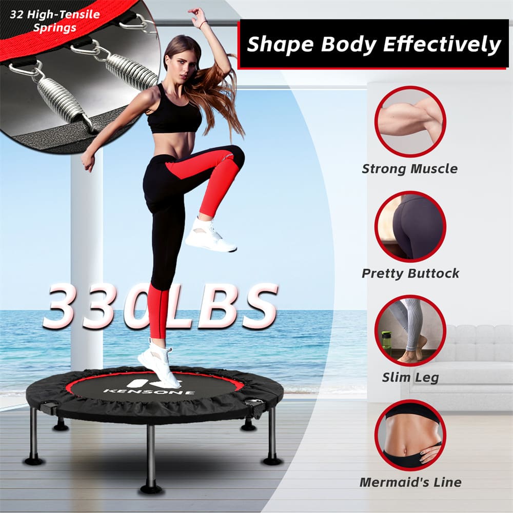 40-inch handleless mini trampoline provides fun bouncing with its durable outer pad and 32 galvanized springs. You can fold up the steel frame for easy portability and storage. With a weight capacity of 330 lbs, adults and teens alike can enjoy simple cardio or bouncing.