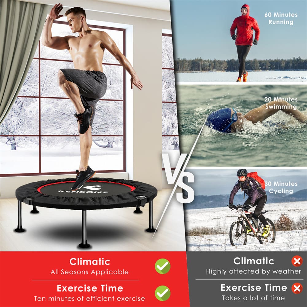 40-inch handleless mini trampoline provides fun bouncing with its durable outer pad and 32 galvanized springs. You can fold up the steel frame for easy portability and storage. With a weight capacity of 330 lbs, adults and teens alike can enjoy simple cardio or bouncing.