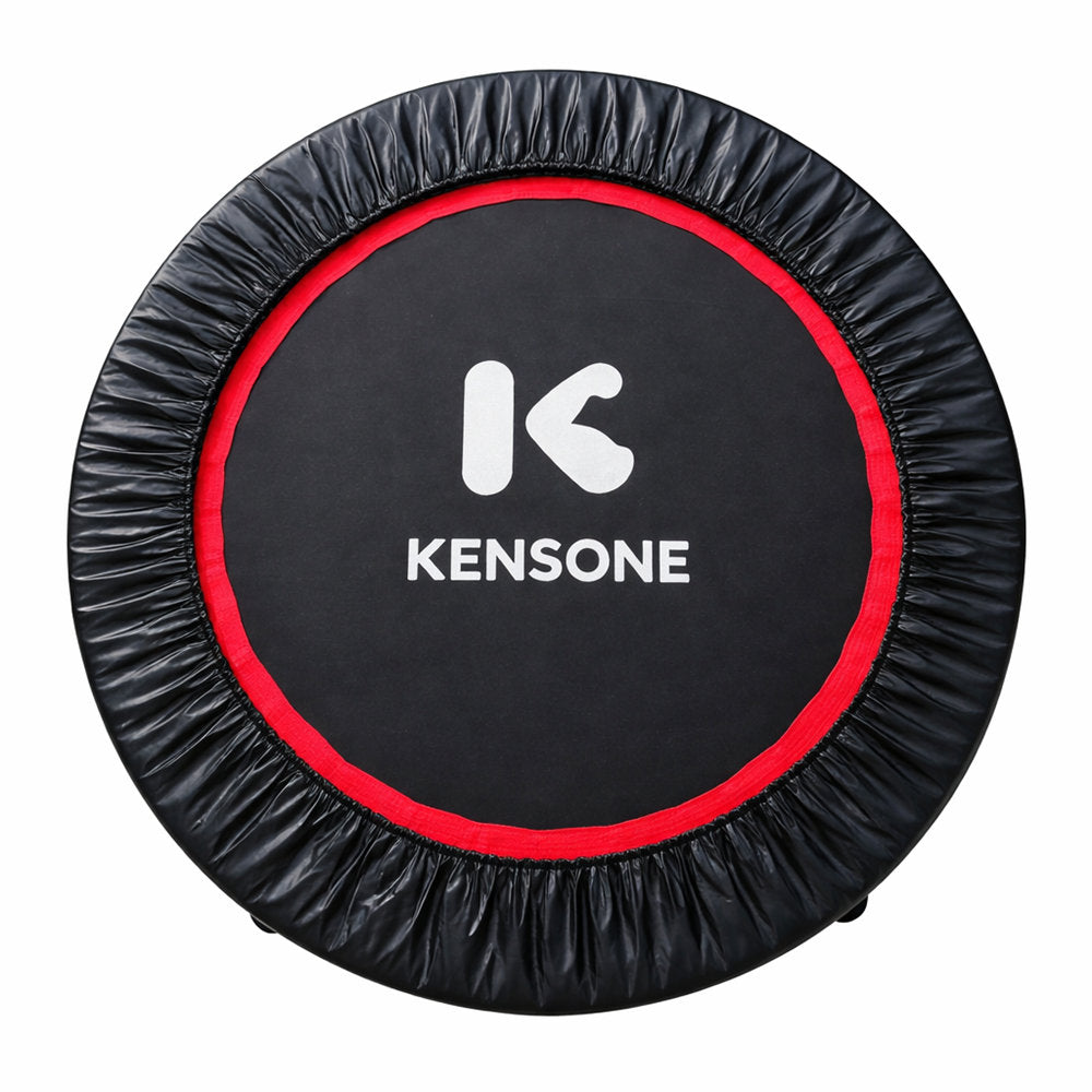 Top-down view of a Kensone mini trampoline with a black jumping mat, centered Kensone logo, red inner border, and black protective cover, isolated on a white square background.
