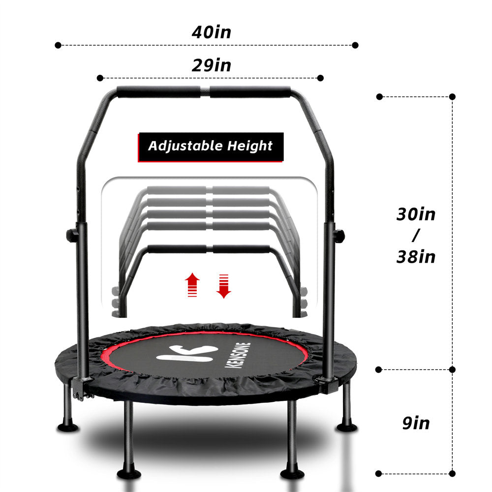 40-Inch Mini Trampoline features adjustable handles that stabilize your workout. It has a high weight capacity of 330 lbs to accommodate larger exercisers.
