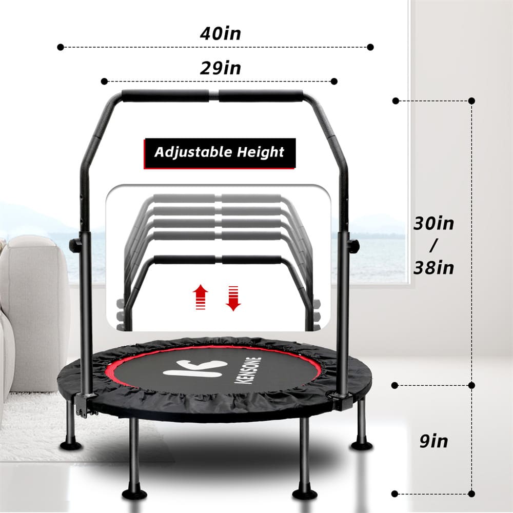 40-Inch Mini Trampoline features adjustable handles that stabilize your workout. It has a high weight capacity of 330 lbs to accommodate larger exercisers.
