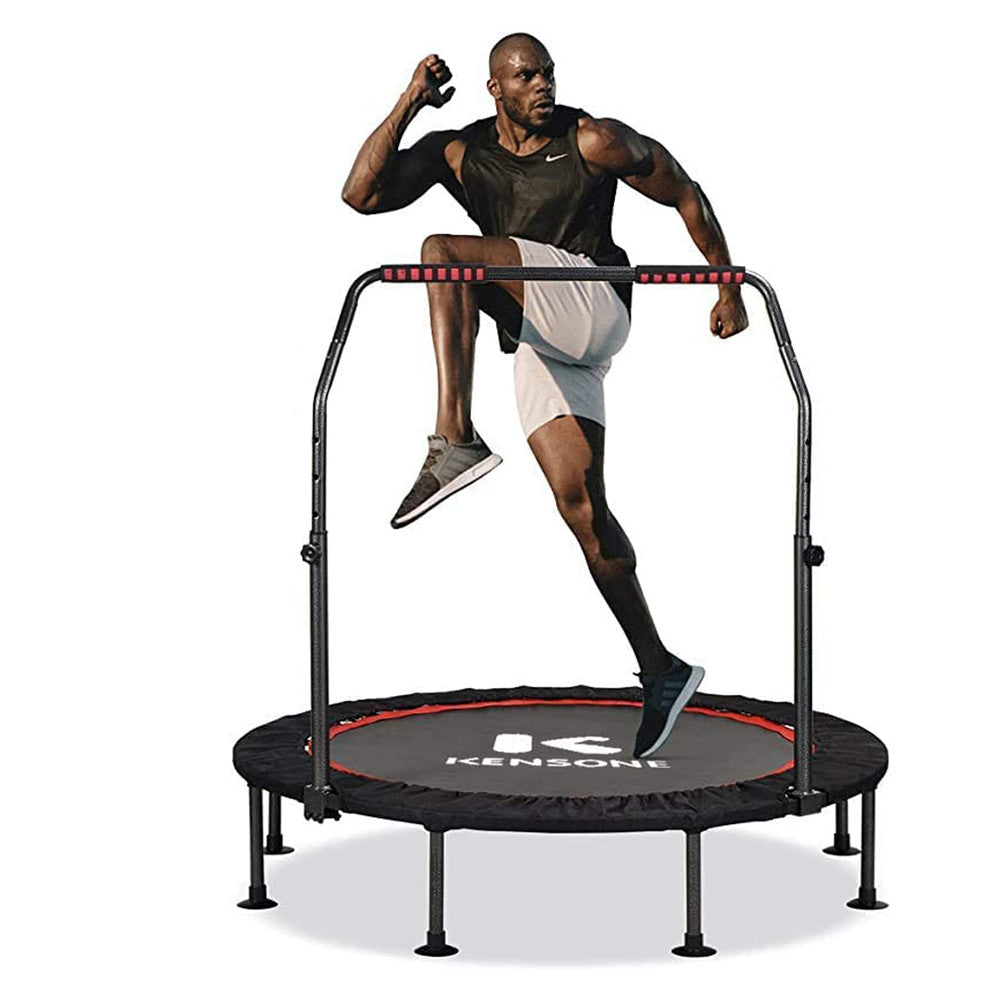 48-Inch Fitness Mini Trampoline is designed for high-intensity cardio with an extra roomy surface and 36 durable galvanized springs. With a weight capacity of 450 lbs, users of all sizes can perform vigorous exercise and have room to move. Adjustable armrests provide stability for energetic bounces.