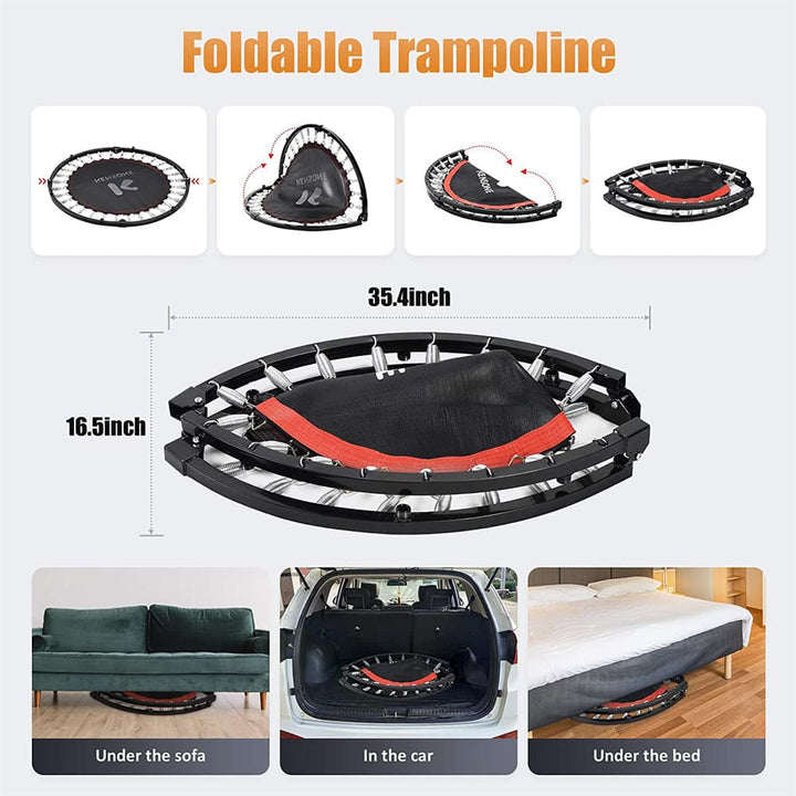48-Inch Fitness Mini Trampoline is designed for high-intensity cardio with an extra roomy surface and 36 durable galvanized springs. With a weight capacity of 450 lbs, users of all sizes can perform vigorous exercise and have room to move. Adjustable armrests provide stability for energetic bounces.