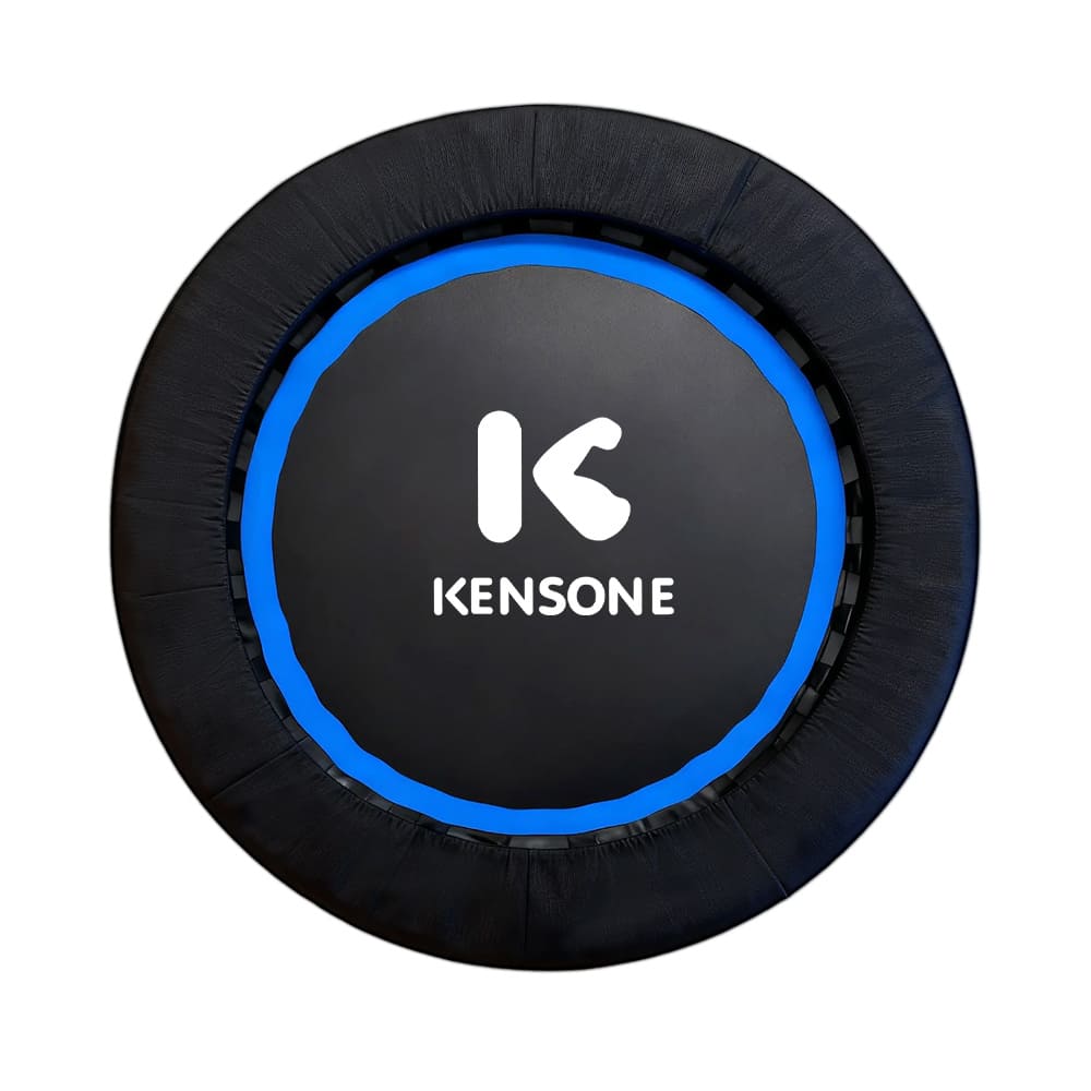 Black probounce trampoline with blue interior ring and 'Kensone' branding on a white background