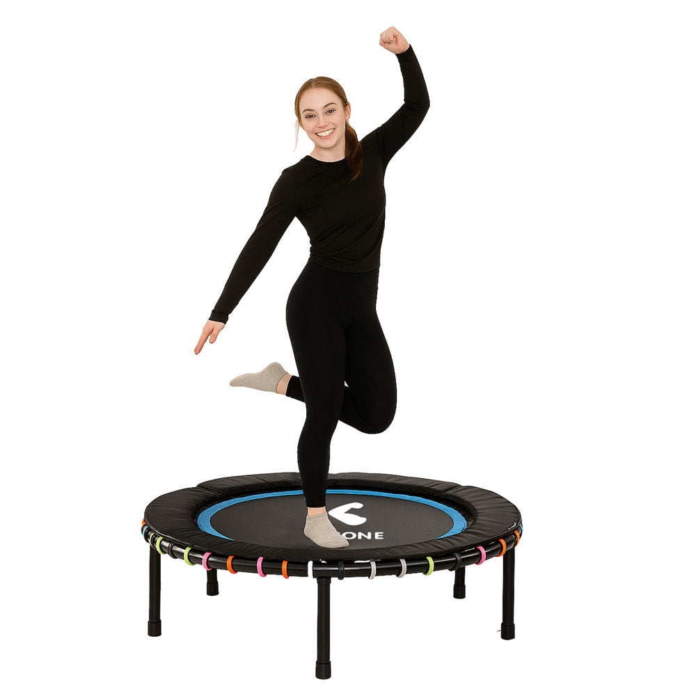 Woman jumping on a ProBounce trampoline with 'KENSONE' branding on a white background