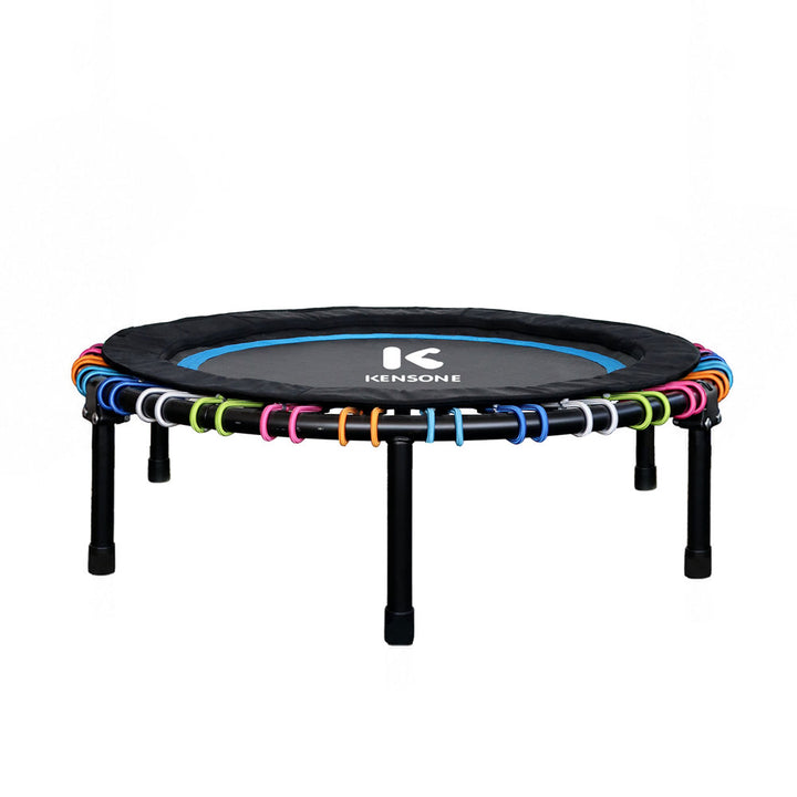 44" Black trampoline with colorful bungees on a white background