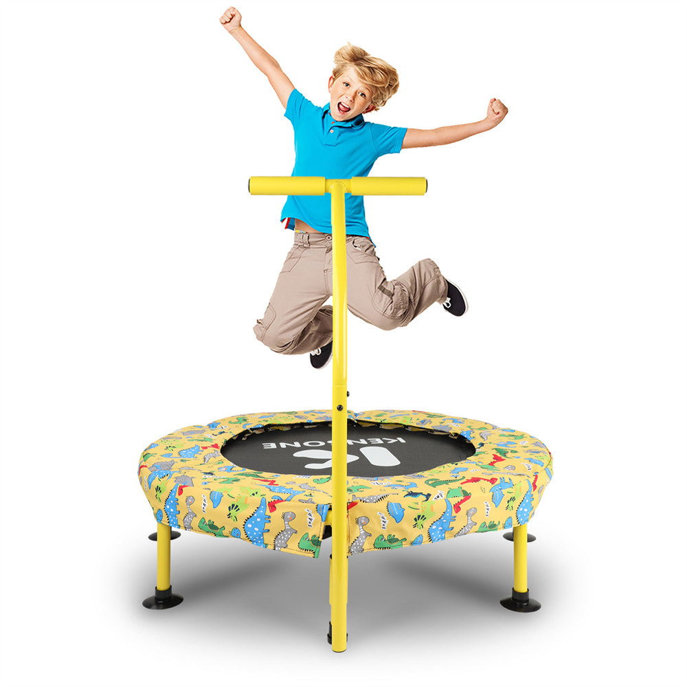 Toddlers and kids can bounce anytime on the 36" small trampoline for kids, which can be used indoors and outdoors. T-shaped foam armrests provide ample palm space for a secure grip. Durable construction withstands hours of energetic play.