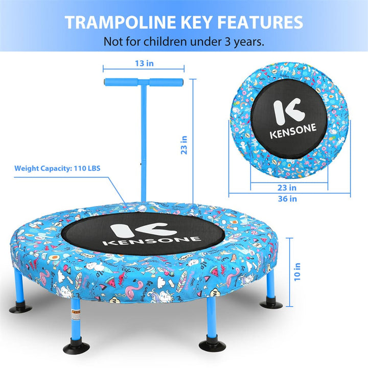 Kensone 36-inch T-Bar Kids Trampoline in blue with adjustable handles.