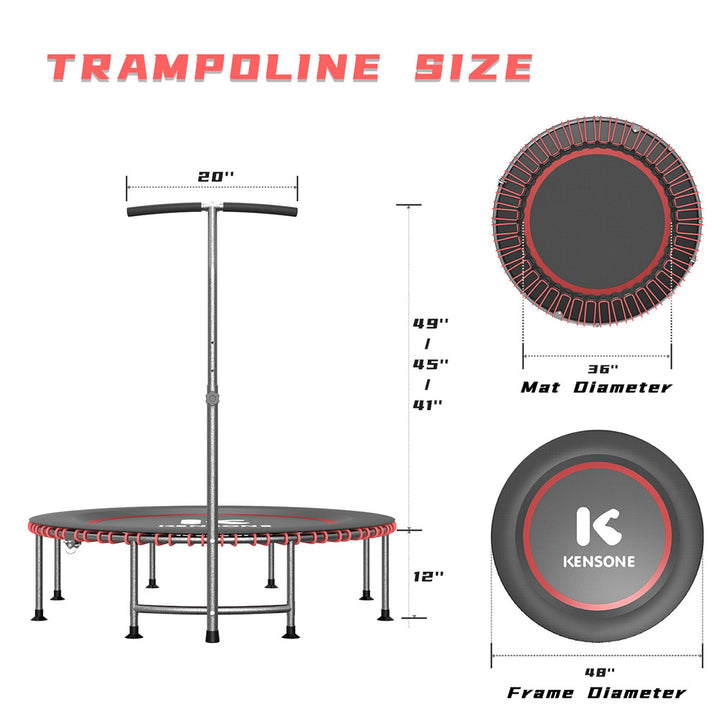 Kensone 48-inch fitness trampoline size chart with 48-inch frame diameter, 36-inch mat diameter, 12-inch height, and adjustable T-bar handrail from 41 to 49 inches.