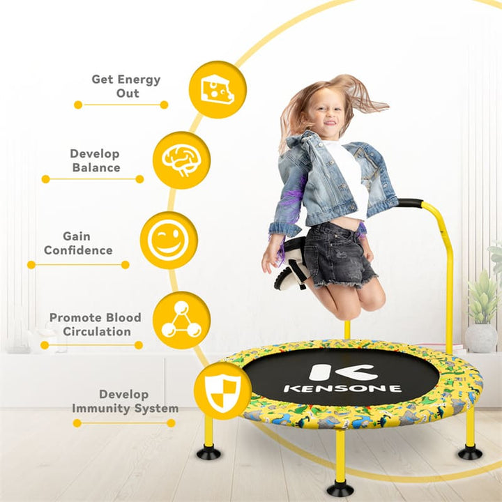 Gentle bounce on Kensone 36-inch U-Bar trampoline for kids.