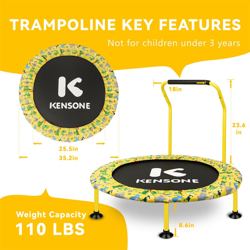 Kensone U-Bar 36-inch Kids Trampoline in yellow for indoor and outdoor play.