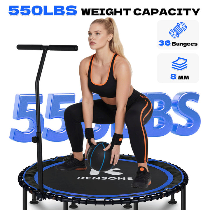 Woman using a Kensone trampoline with text highlighting weight capacity and features.