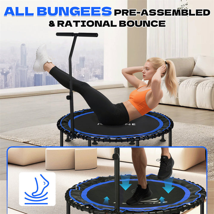 Woman exercising on a trampoline with text about pre-assembled bungees and rational bounce.