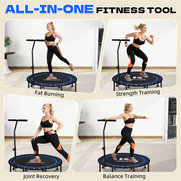 All-in-one fitness tool with a woman demonstrating various exercises in a home setting.