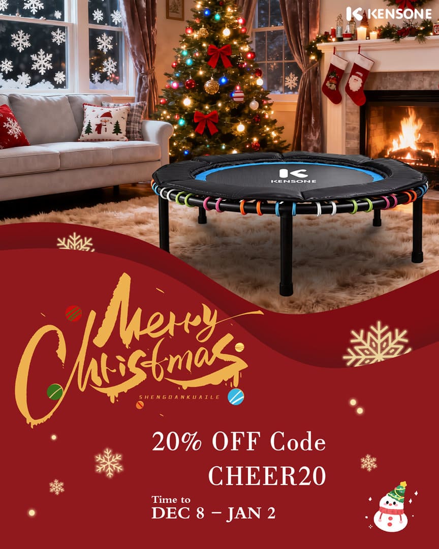Trampoline in a living room with Christmas decorations and a promotional banner for Konesne.